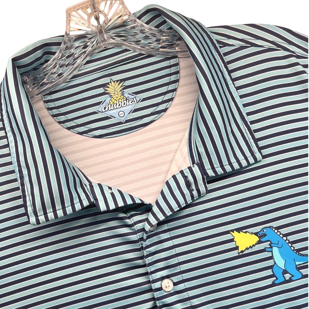 Chubbies Mens 2XL Polo Shirt Blue Striped Fire Breathing Dinosaur Performance